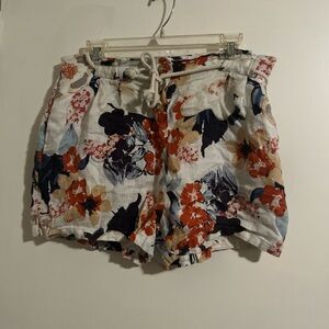 Floral Women's Linen Shorts 10 With Pockets Tie Waist